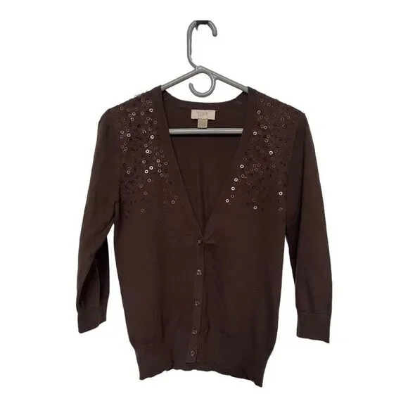 Ann Taylor LOFT Women’s Small Brown Sequined Cardigan - Picture 1 of 3